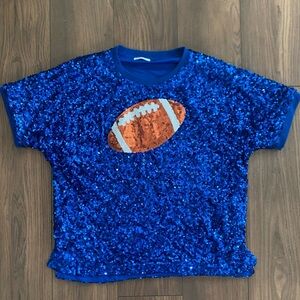 Timing Blue Sequin Football Top Game Day Ready Women’s L Royal Blue Short Sleeve